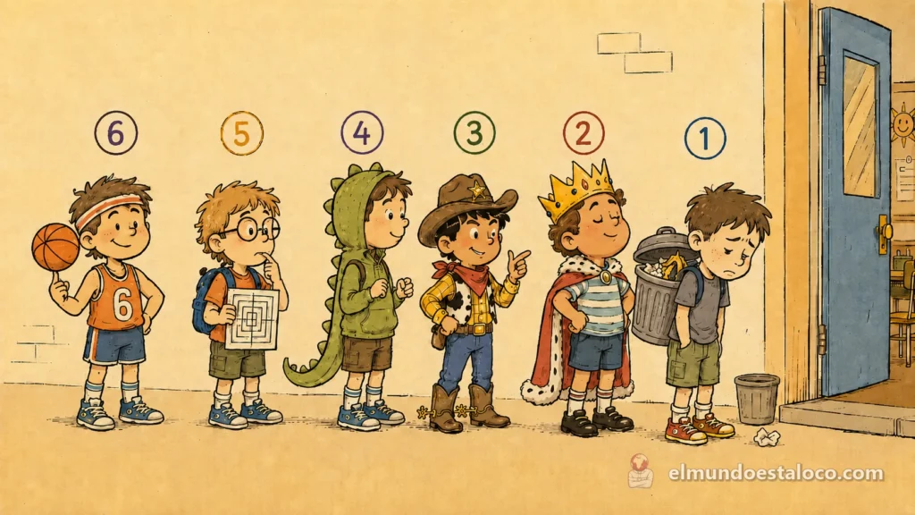 Niños en fila india representando la cantinela primero basurero, segundo rey del mundo, tercero vaquero, cuarto lagarto, quinto laberinto y sexto baloncexto